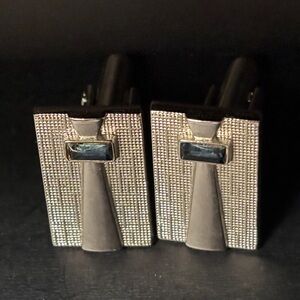 🟢 Rectangular Cufflinks, Silver Textured With Blue Stone Vintage